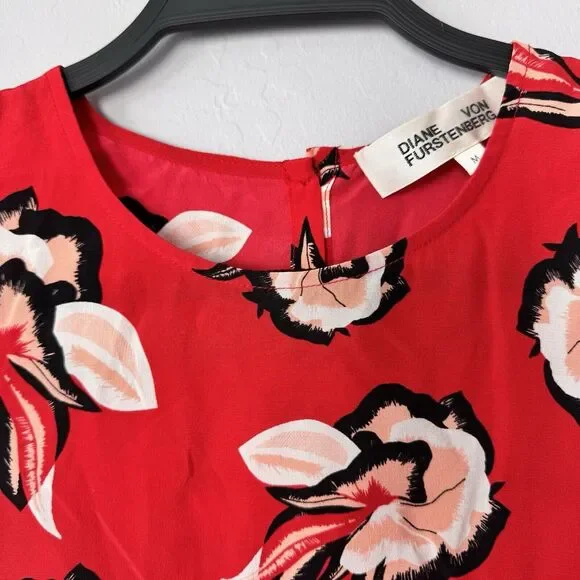 Diane Von Furstenberg Medium Red Floral 100% Silk Sleeveless Blouse‎ - Picture 3 of 5
